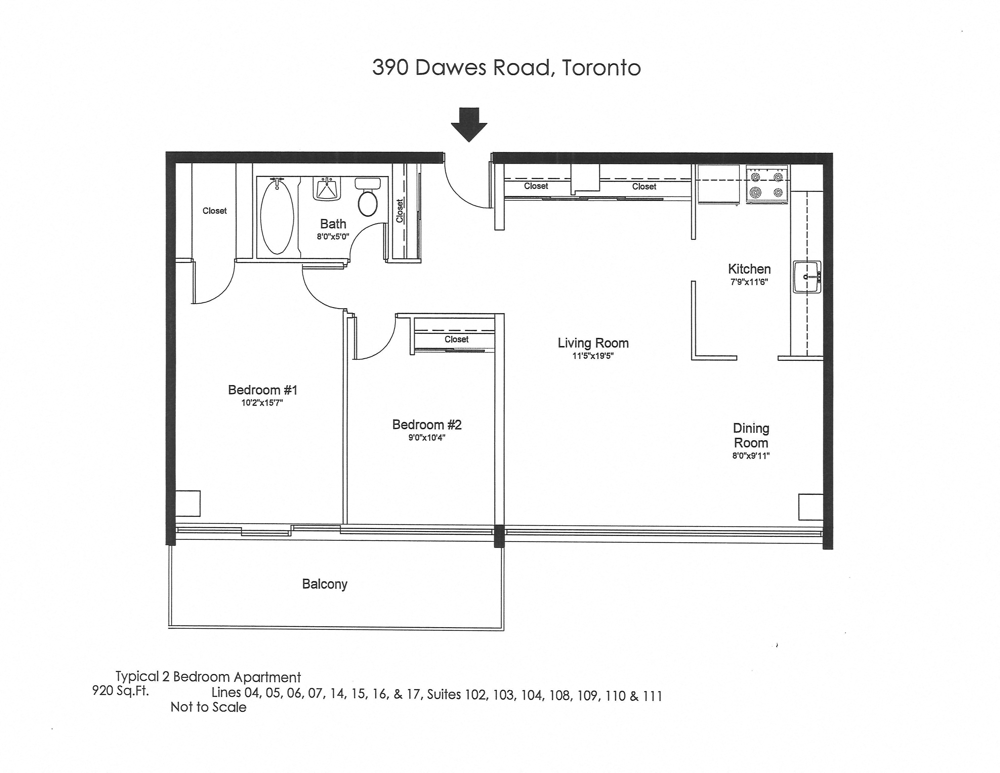 Floor plan for 2 beds, 1 bath, 920 sqft